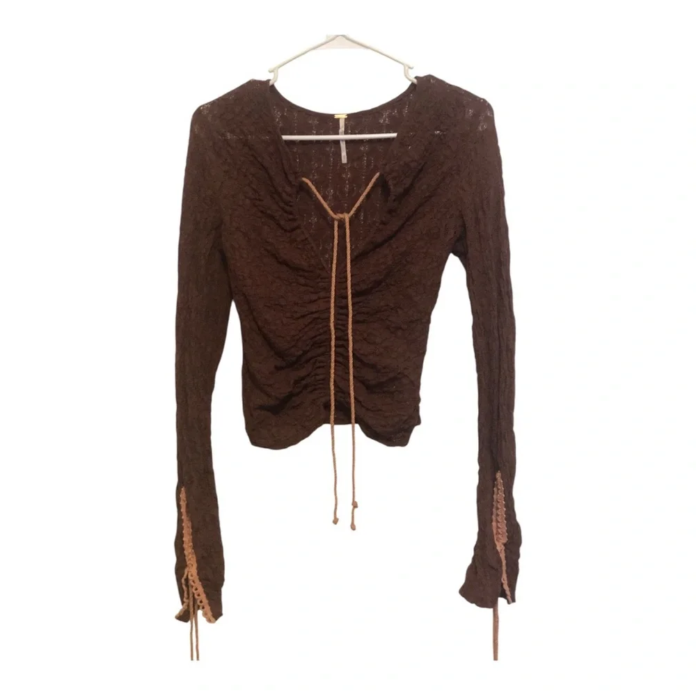Free People Lilah brown lace long-sleeve top XS